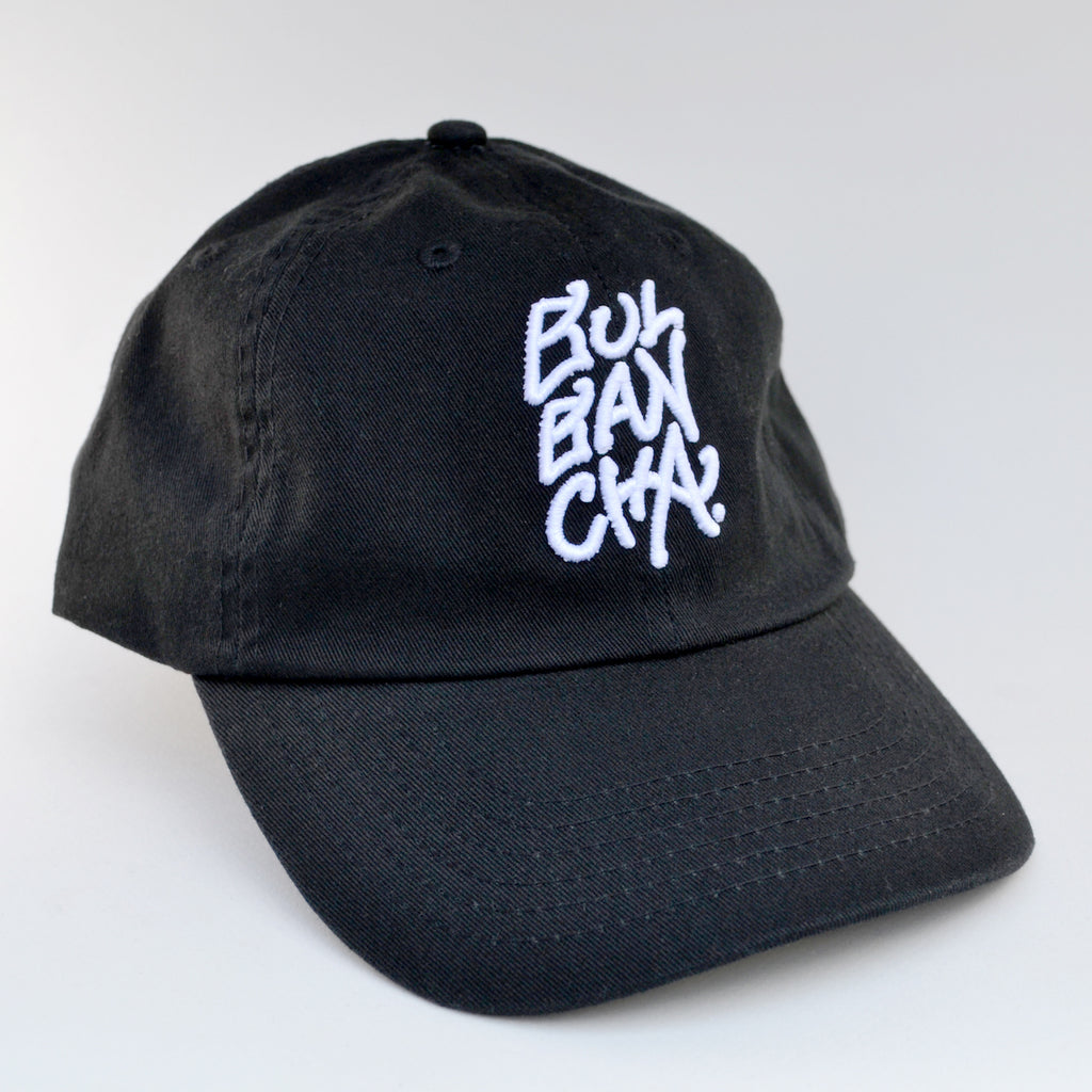 Black curved bill cap with Bulbancha embroidered in white thread.
