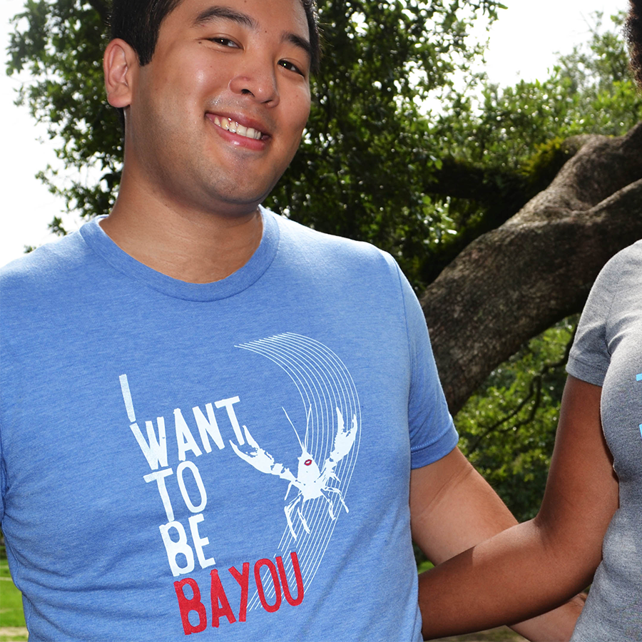The Heartsleeve "I Want to Be Bayou" blue Crawfish Shirt, part of the Bayou Collection
