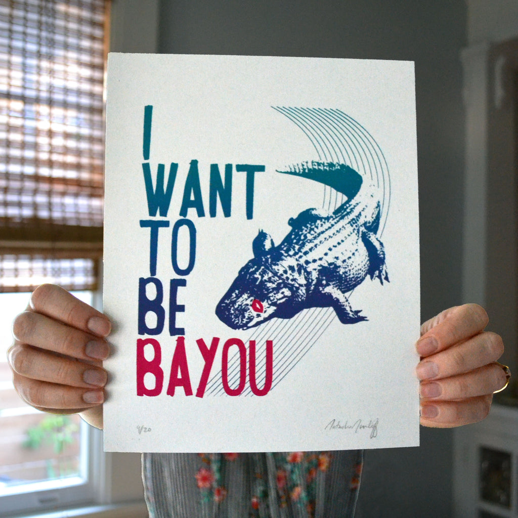 I want to be bayou gator print held up for close picture