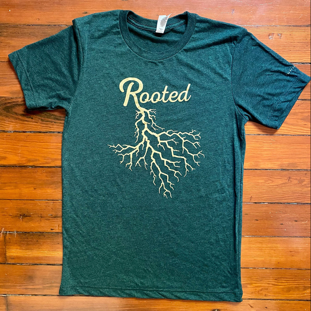 Emerald Green shirt with Rooted in TX design on front