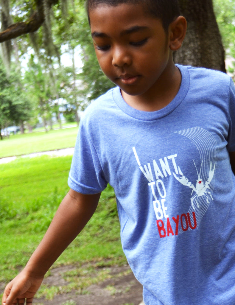 The Heartsleeve "I Want to Be Bayou" blue Crawfish Shirt, part of the Bayou Collection and available for Kids and Toddlers